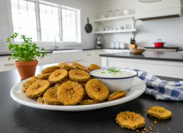 Crispy Fried Dill Pickle Chips with Homemade Buttermilk Ranch