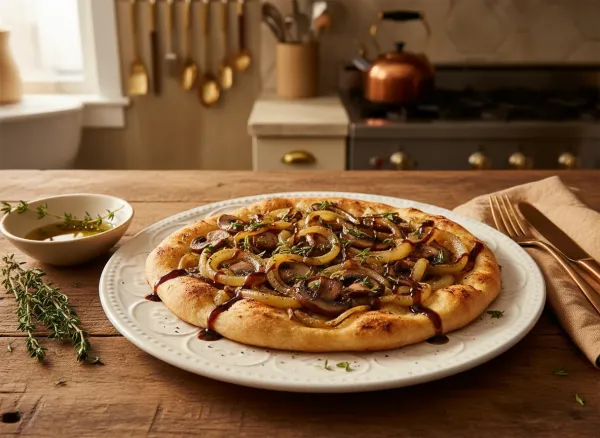 Vegan Mushroom and Caramelized Onion Flatbread — Overhead view