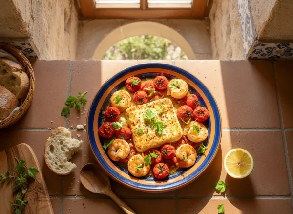 Baked Feta and Shrimp with Blistered Tomatoes — Overhead view