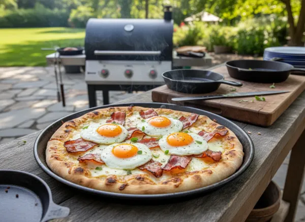 Grilled Breakfast Flatbread with Bacon and Eggs
