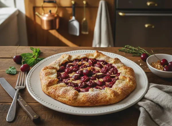 Rustic Sour Cherry and Almond Galette — Overhead view