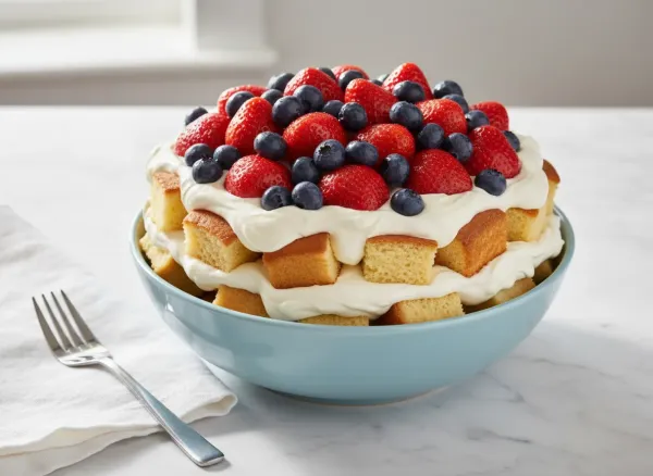 Red, White, and Blue Mixed Berry Trifle — Overhead view