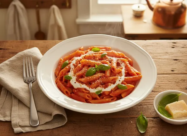 Quick Weeknight Penne alla Vodka — Overhead view