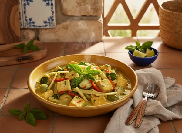 Vibrant Thai Green Curry with Tofu — Overhead view