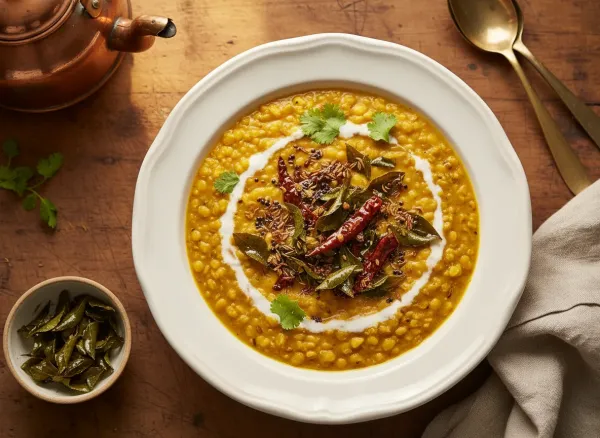 Coconut Milk Chana Dal with Crispy Curry Leaves — Overhead view