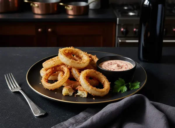 Beer-Battered Vidalia Rings with Sriracha Aioli — Overhead view