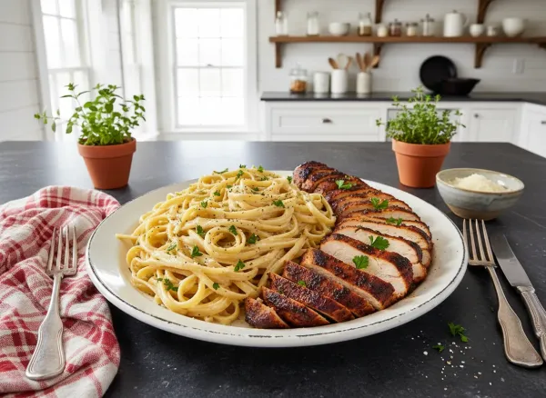 Fettuccine Alfredo with Blackened Chicken — Overhead view