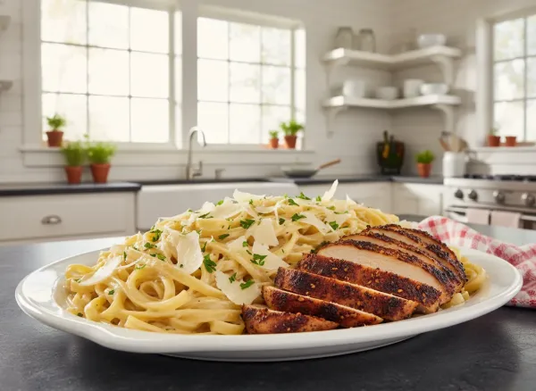 Fettuccine Alfredo with Blackened Chicken — Alternate view