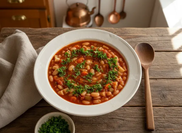Classic Vegetarian Pasta e Fagioli — Overhead view