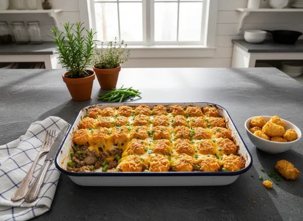 Classic Midwestern Tater Tot Hotdish — Overhead view
