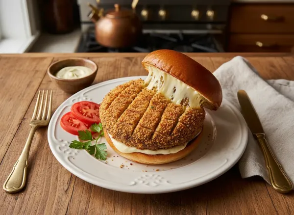 Crispy Cheese-Stuffed Portobello Burgers — Overhead view