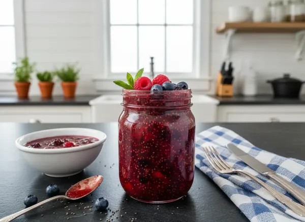 Keto Mixed Berry Chia Seed Jam — Overhead view