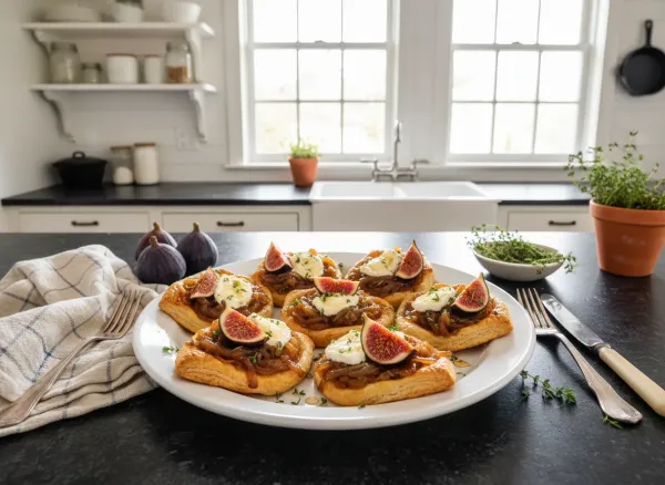 Fig, Caramelized Onion, and Goat Cheese Tartlets — Overhead view