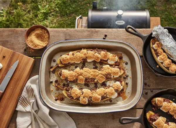 S'mores Grilled Banana Boats — Overhead view