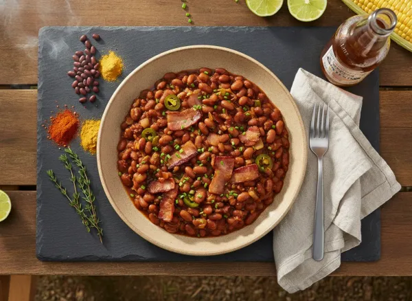 Bourbon Bacon Slow-Braised Baked Beans — Overhead view
