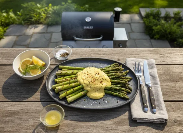 Grilled Asparagus with Classic Hollandaise Sauce — Overhead view