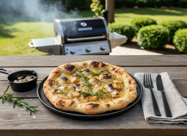 Grilled Sourdough Discard Flatbread with Garlic Confit Oil — Overhead view