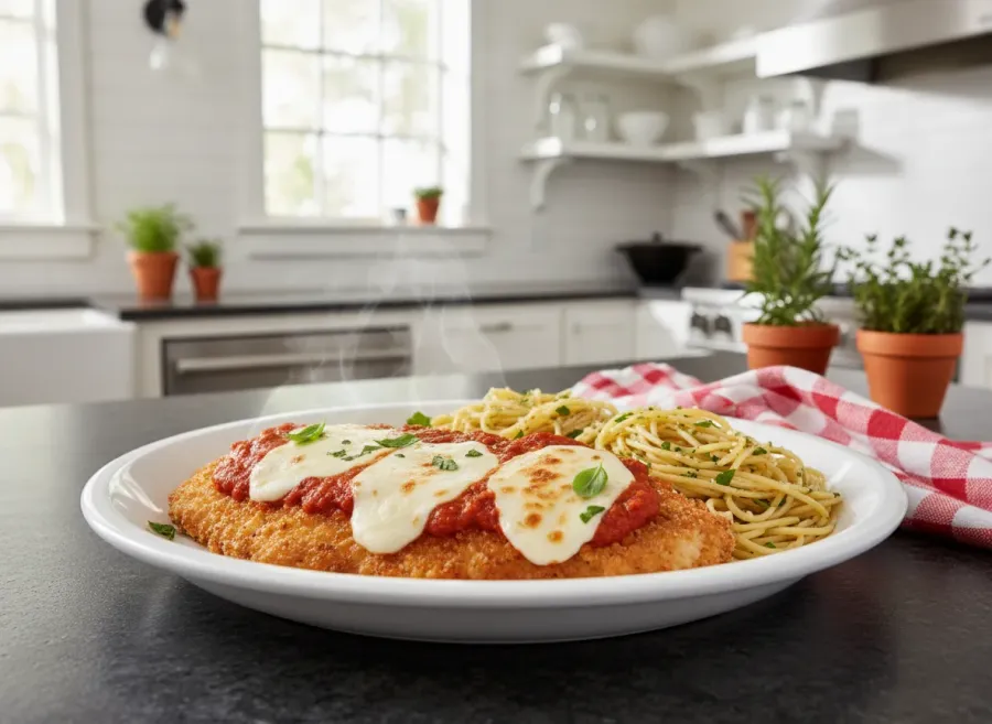 Classic Crispy Chicken Parmesan with Garlic Spaghetti