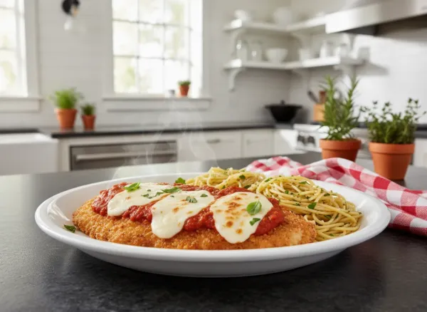 Classic Crispy Chicken Parmesan with Garlic Spaghetti