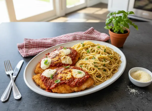 Classic Crispy Chicken Parmesan with Garlic Spaghetti — Overhead view