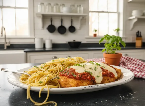 Classic Crispy Chicken Parmesan with Garlic Spaghetti — Alternate view