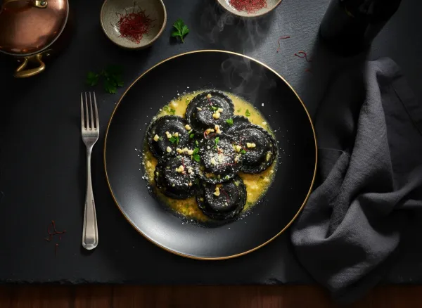 Squid Ink Ravioli Stuffed with Saffron Ricotta — Overhead view
