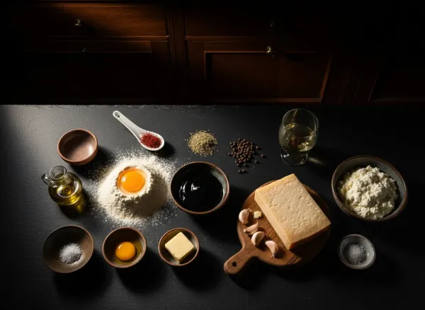 Squid Ink Ravioli Stuffed with Saffron Ricotta — Ingredients view