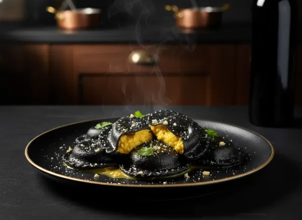 Squid Ink Ravioli Stuffed with Saffron Ricotta — Alternate view