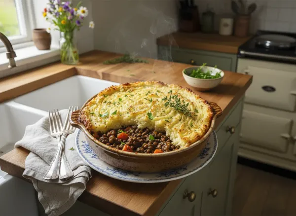 Batch-Cook Lentil and Vegetable Shepherd's Pie — Overhead view