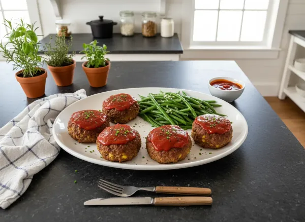 Sheet Pan Mini Meatloaves and Garlic Green Beans — Overhead view
