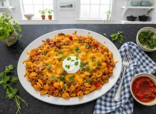One-Pot Creamy Taco Pasta — Overhead view