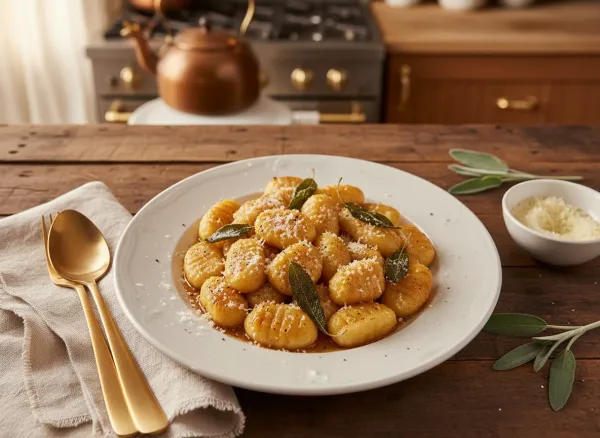 Homemade Ricotta Gnocchi with Brown Butter Sage Sauce — Overhead view
