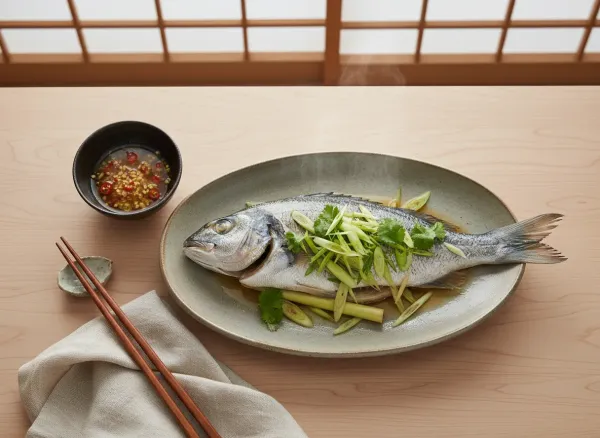 Lemongrass Steamed Branzino with Chili Lime Nuoc Cham — Overhead view