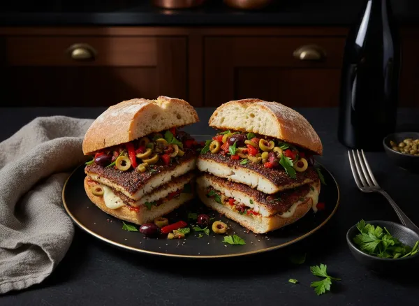 Blackened Catfish Muffuletta — Overhead view