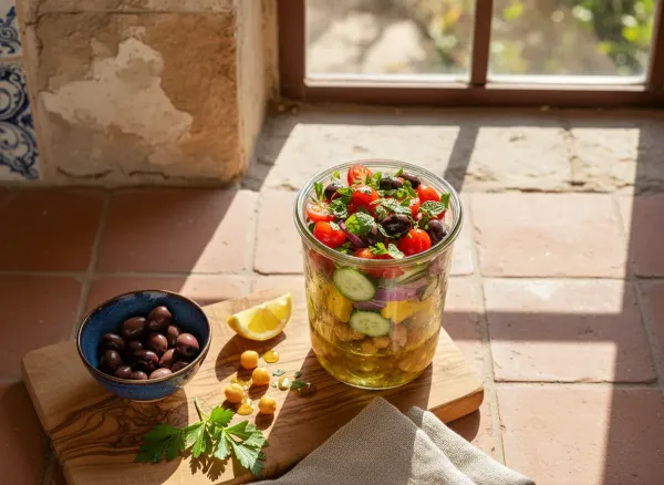 Make-Ahead Mediterranean Chickpea Mason Jar Salad — Overhead view