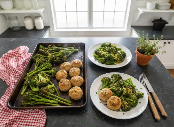 Sheet Pan Turkey Meatballs and Garlic-Parmesan Broccoli — Overhead view