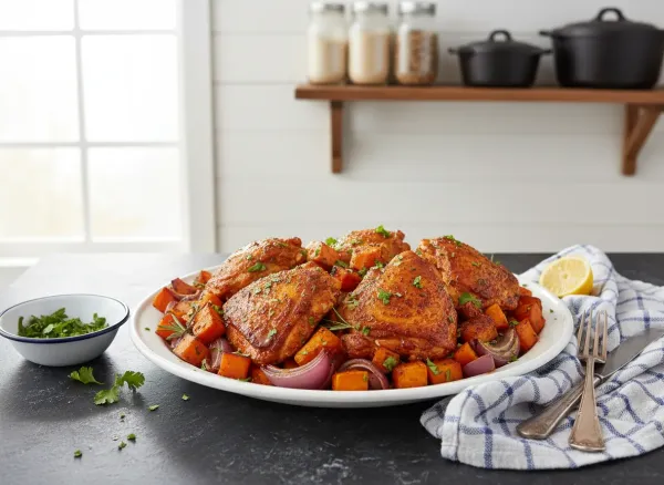 Harissa Chicken and Root Vegetable Sheet Pan Meal Prep — Overhead view