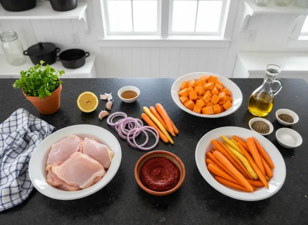 Harissa Chicken and Root Vegetable Sheet Pan Meal Prep — Ingredients view