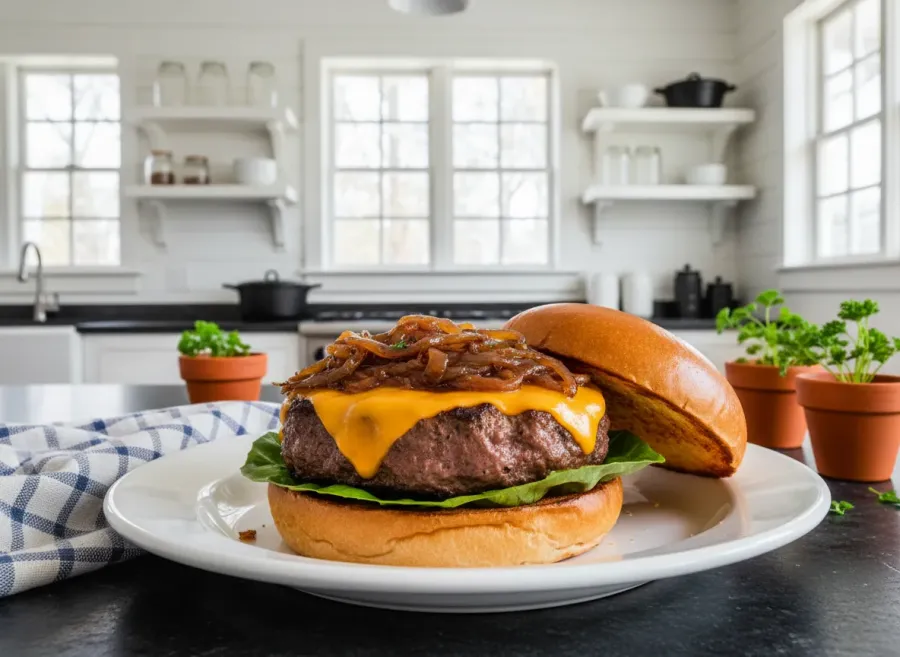 Thick-Cut Classic Cheeseburger with Caramelized Onions
