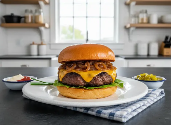 Thick-Cut Classic Cheeseburger with Caramelized Onions — Overhead view