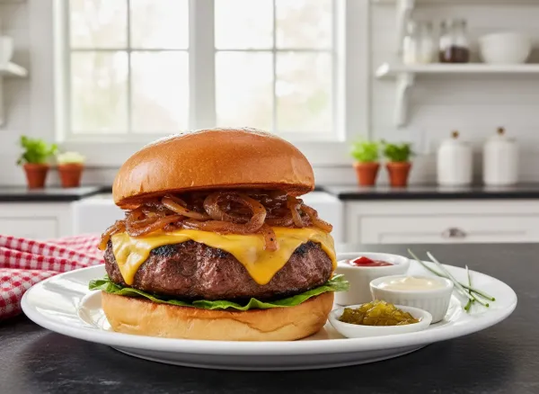 Thick-Cut Classic Cheeseburger with Caramelized Onions — Alternate view