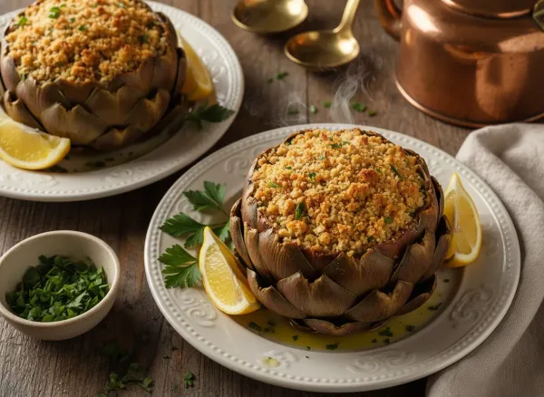 Classic Italian-American Stuffed Artichokes — Overhead view