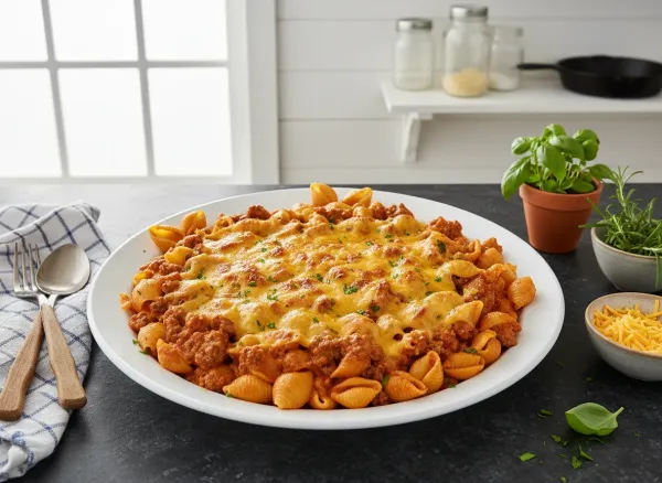 Creamy Stovetop Beef and Shells — Overhead view