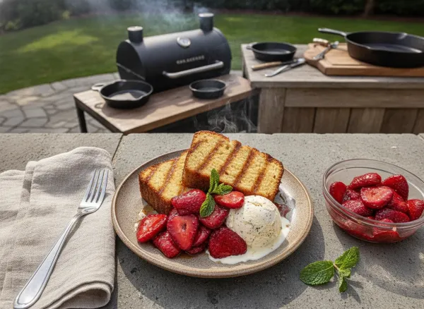 Grilled Brown Butter Pound Cake with Balsamic Strawberries — Overhead view
