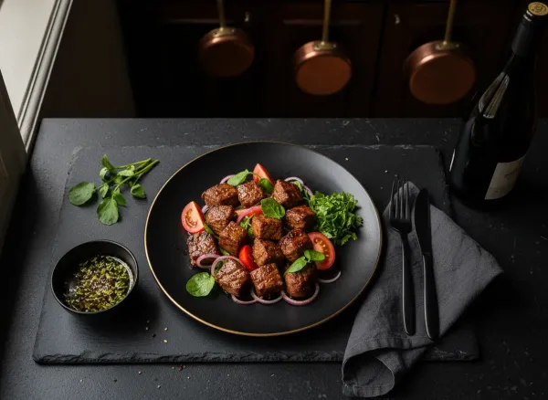 Bo Luc Lac (Vietnamese Shaking Beef) — Overhead view