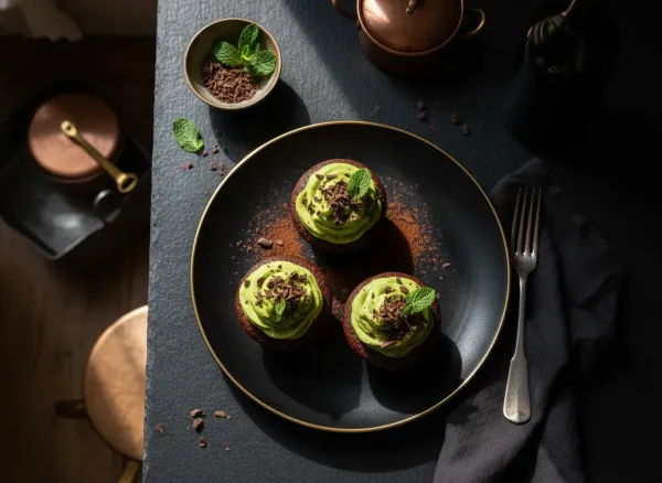 Olive Oil Dark Chocolate Cupcakes with Avocado Ganache — Overhead view
