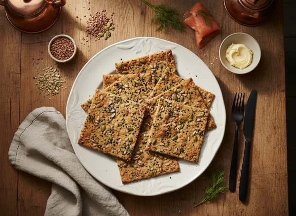 Traditional Swedish Seeded Knäckebröd — Overhead view