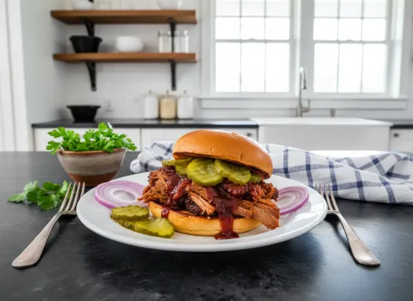 Slow-Cooked BBQ Pork Rib Sandwich with Pickles — Overhead view