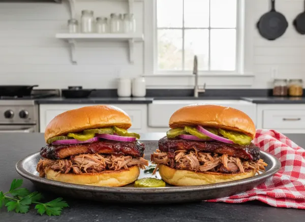 Slow-Cooked BBQ Pork Rib Sandwich with Pickles — Alternate view