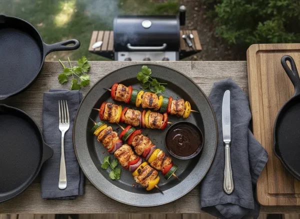 Soy-Free Grilled BBQ Chicken Skewers — Overhead view